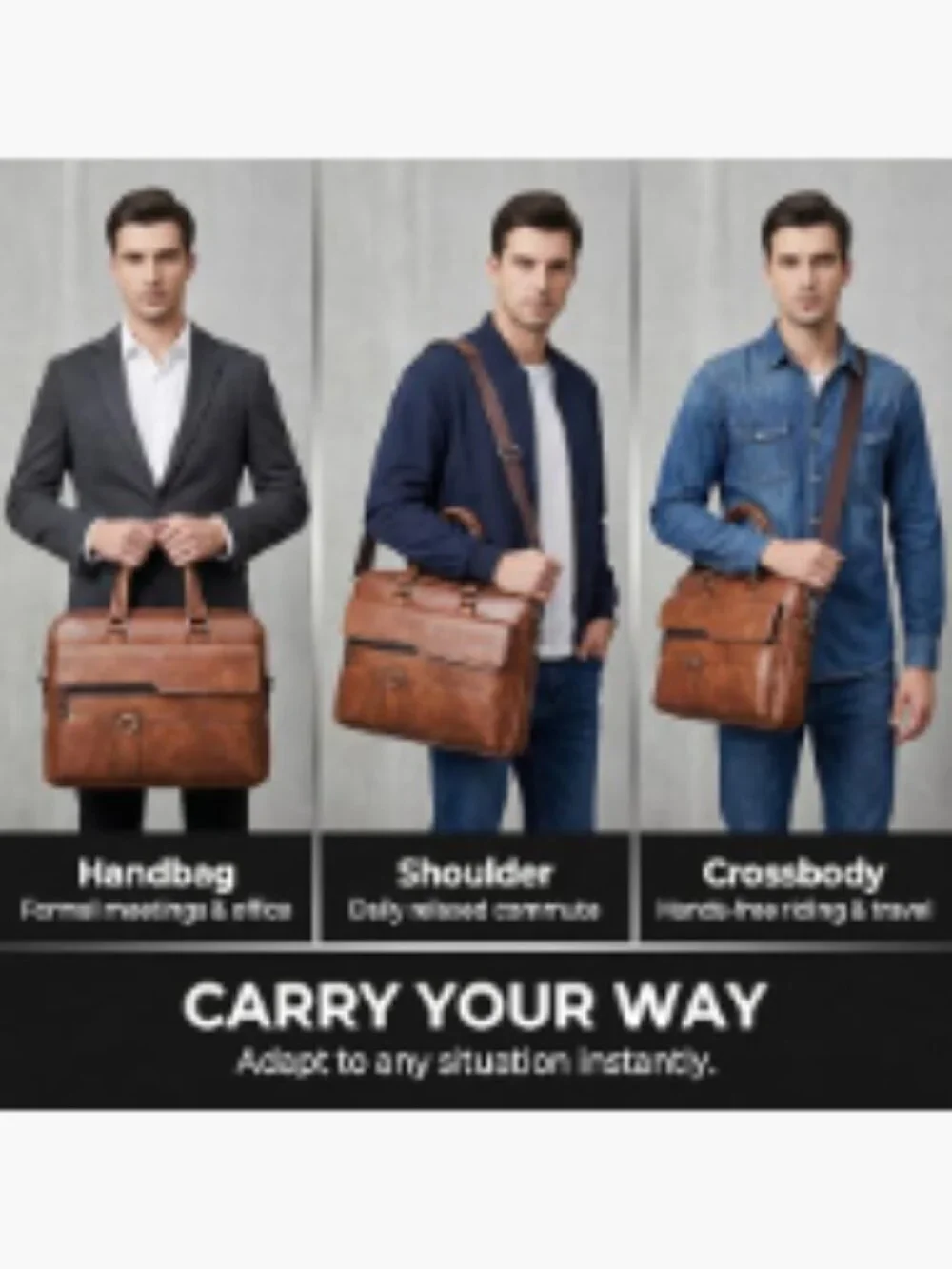 Leather Laptop Bag 15in Water-Resistant Messenger Briefcase for Men